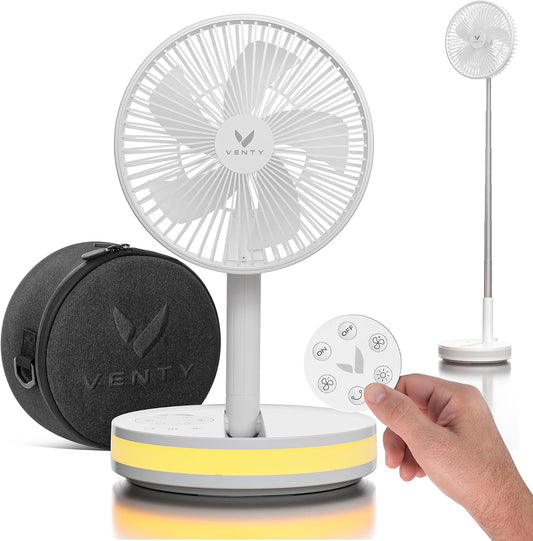 VENTY Portable Fan - Wireless Battery Operated Fan - 4 Speeds - LED Lighting - Carry Case & Remote Control - Cruise Travel - Outdoor Travel RV Power Bank With USB-C Port (White with Case)