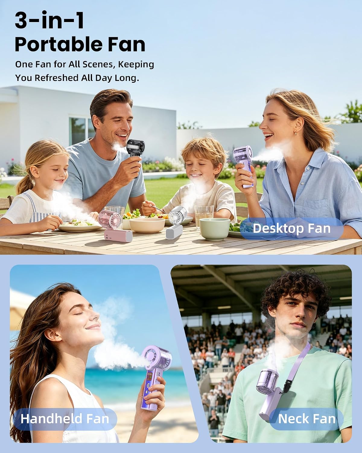 Portable Misting Fan with Mist, 3-in-1 Rechargeable Handheld 4000mAh | Adjustable mist mode, 100-speed wind control, LED display, power bank function, 30000RPM, compact & lightweight