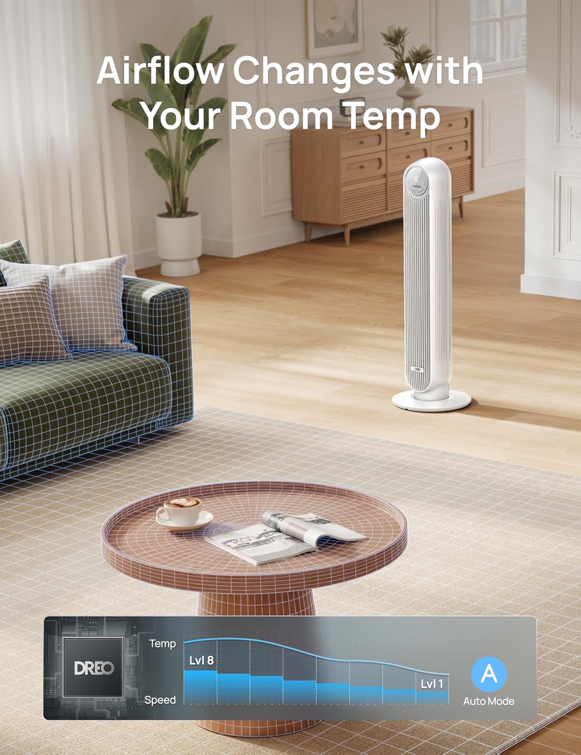 DREO Smart Tower Fan for Bedroom, 28ft/s, 20dB Ultra Quiet Fan, 8 Speeds | 2026 Upgraded DC Motor, 90° Oscillating Floor Fan, WiFi Voice Control, 4 Modes 8H Timer, Bladeless Standing Fans with Remote