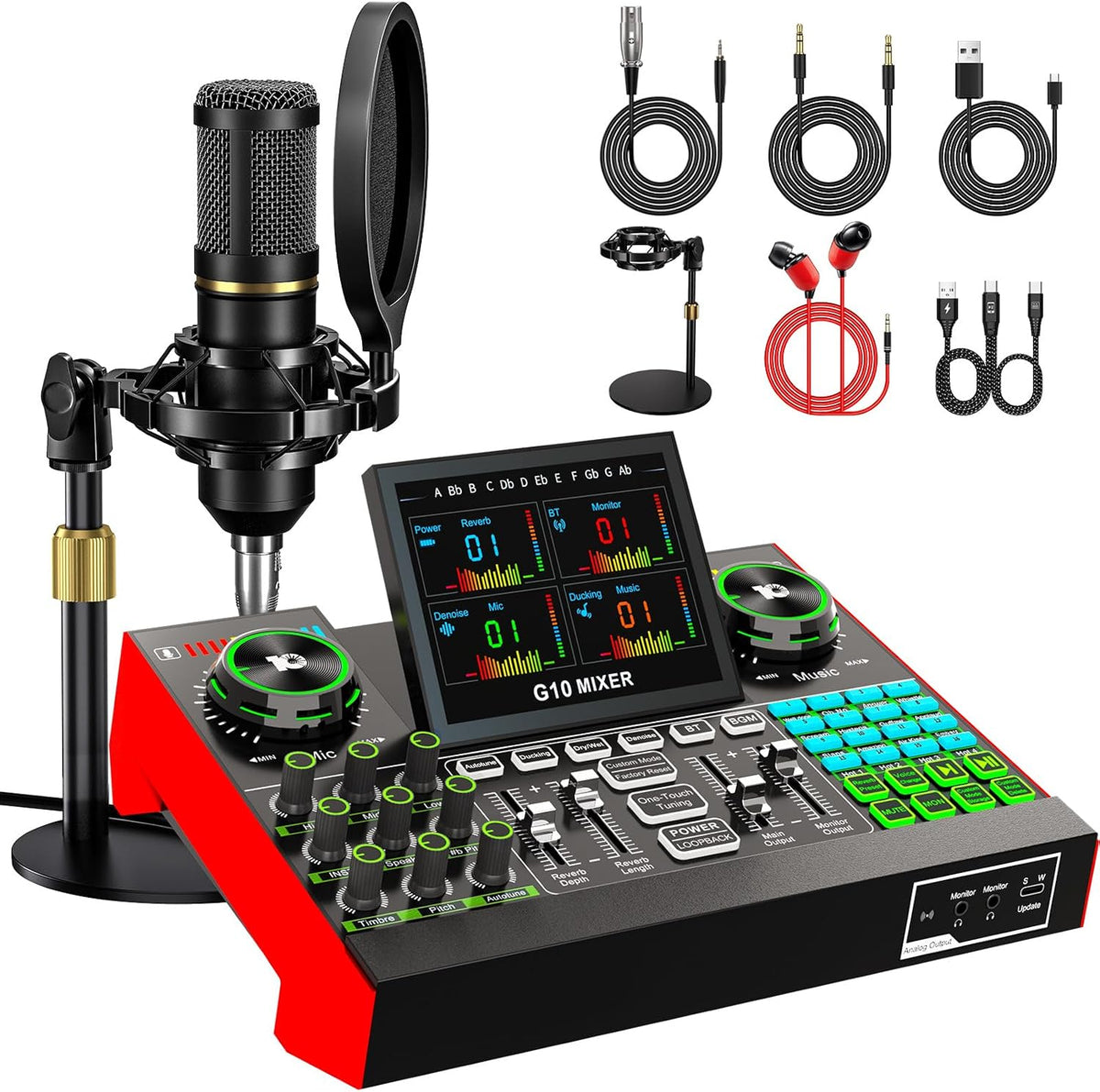 Podcast Microphone Bundle with Live Sound Card Audio Mixer, Podcast Equipment Bundle with 3.5mm Condenser Microphone for Pc/Phone Live Streaming Singing Gaming, Sound Board with Voice Changer, Denoise