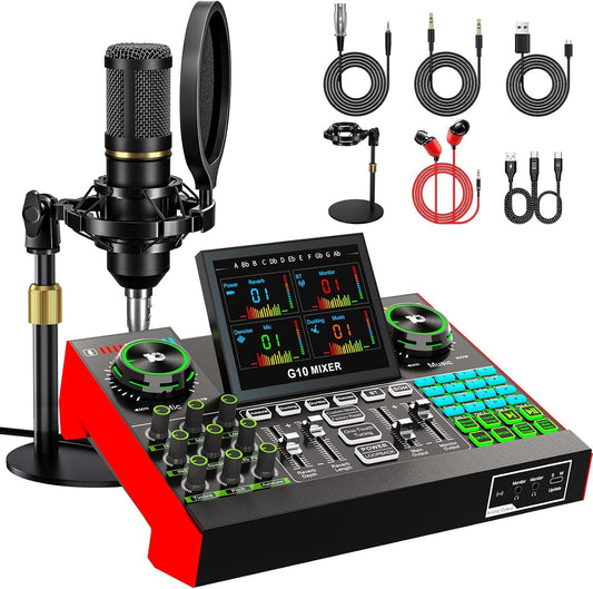 Podcast Microphone Bundle with Live Sound Card Audio Mixer, Podcast Equipment Bundle with 3.5mm Condenser Microphone for Pc/Phone Live Streaming Singing Gaming, Sound Board with Voice Changer, Denoise