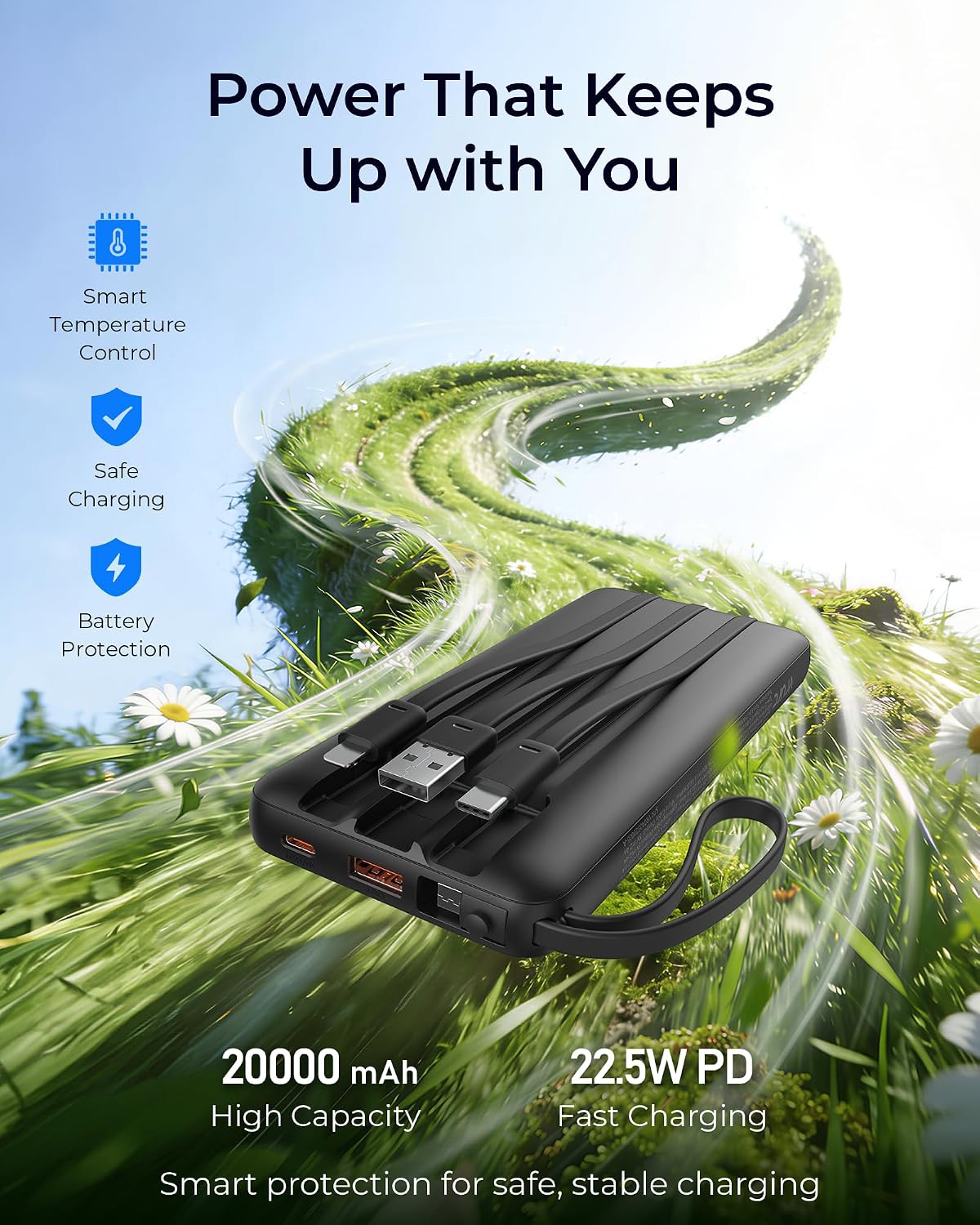 VRURC Portable Charger 4-Built-in-Cables 20000mAh Fast Charging Power Bank | Battery Protection,Flight-Approved,USB-C Cable,22.5W PD,Slim,Travel Essentials,Battery Pack for iPhone,iPad,Galaxy,Android