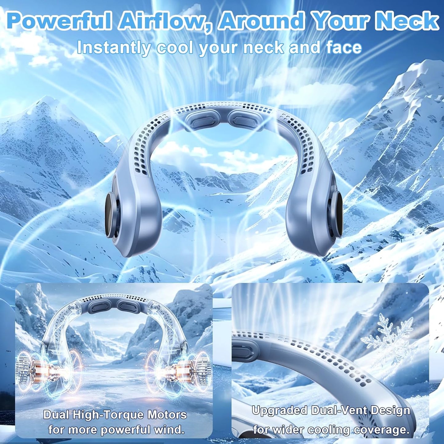 Portable Neck Fan Rechargeable - [with LED Display] 5 Speeds, 5000 mAh Battery Operated Wearable Personal Cooling Bladeless Fan for Outdoor Travel, Gifts for Men Women Kids,Sky Blue