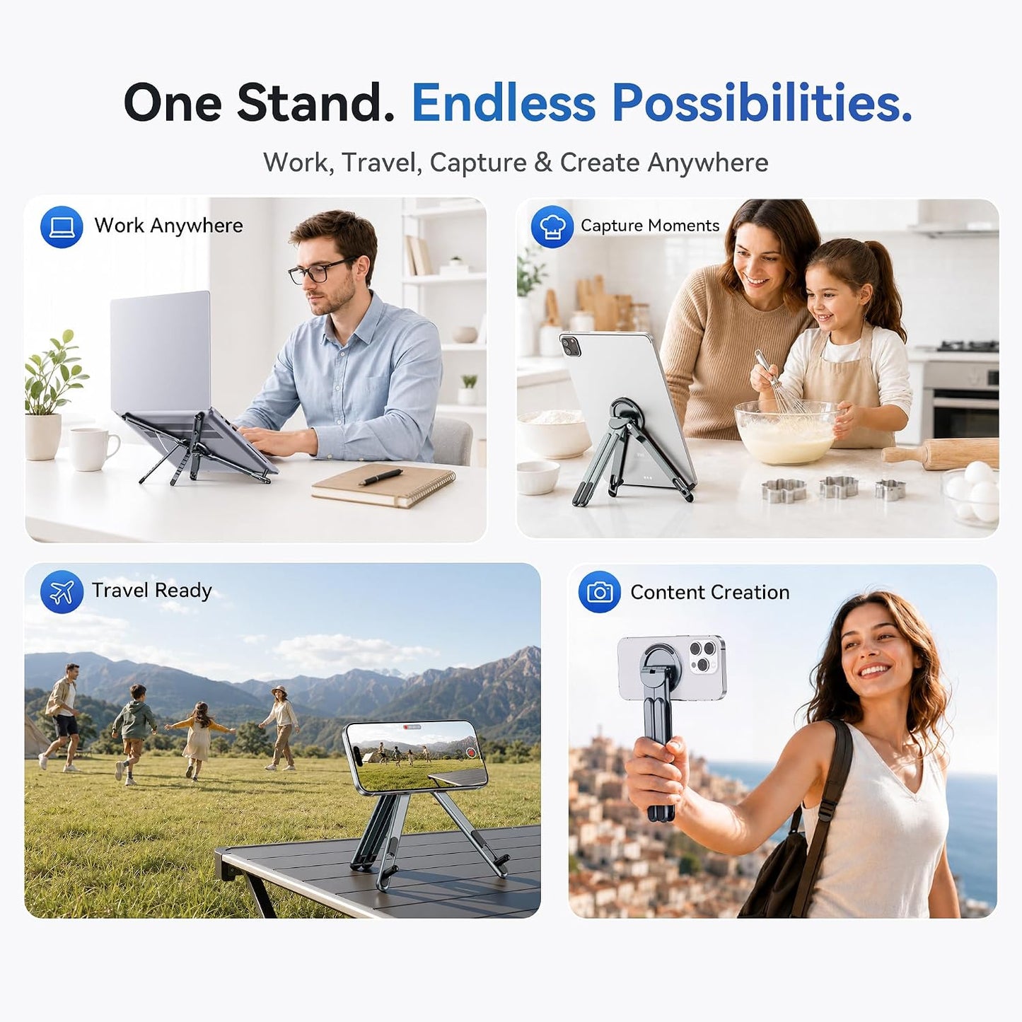 Portable Laptop Stand, 3-in-1 Magnetic Foldable Adjustable, for Desk（Gray） | Aluminum alloy, lightweight compact, 8-level height, ergonomic, for phone/tablet, home office/travel