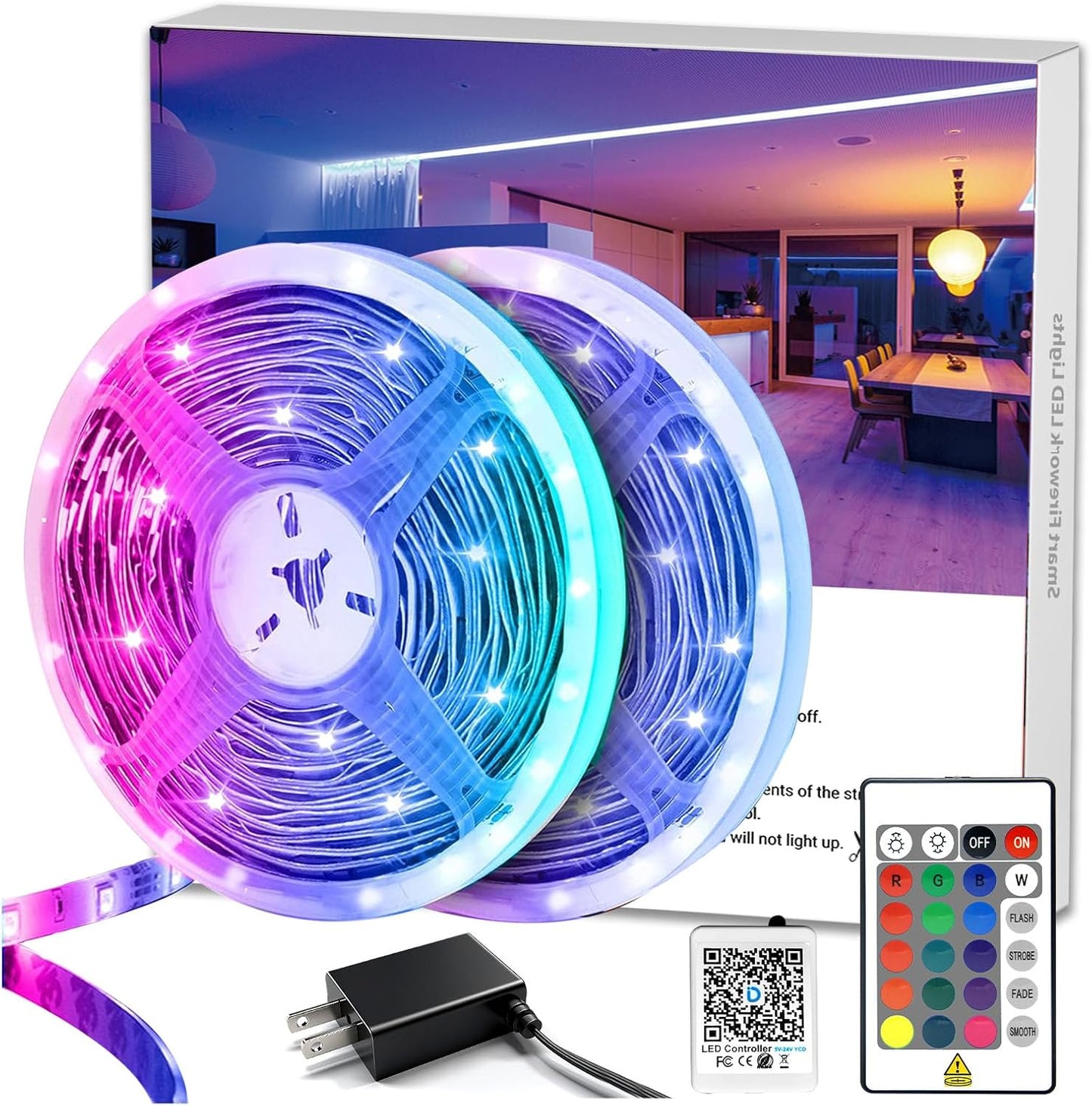 DAYBETTER LED Strip Lights 200ft 2 Rolls 100ft, RGB Color Changing Light Strips with Remote & 24V Power Supply, Indoor Decor Lights for Bedroom Desk Room, Birthday Gifts for Girls Boys