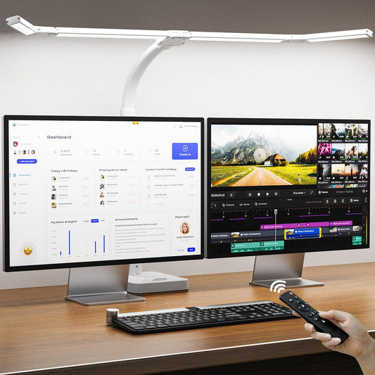 LED Desk Lamp for Home Office，42" Eye-CaringDesk Light with Remote，Adjustable Flexible Gooseneck，1800LM Ultra Bright Table Lamp with Base for Work，Reading, Study，Double Monitor（White） ﻿