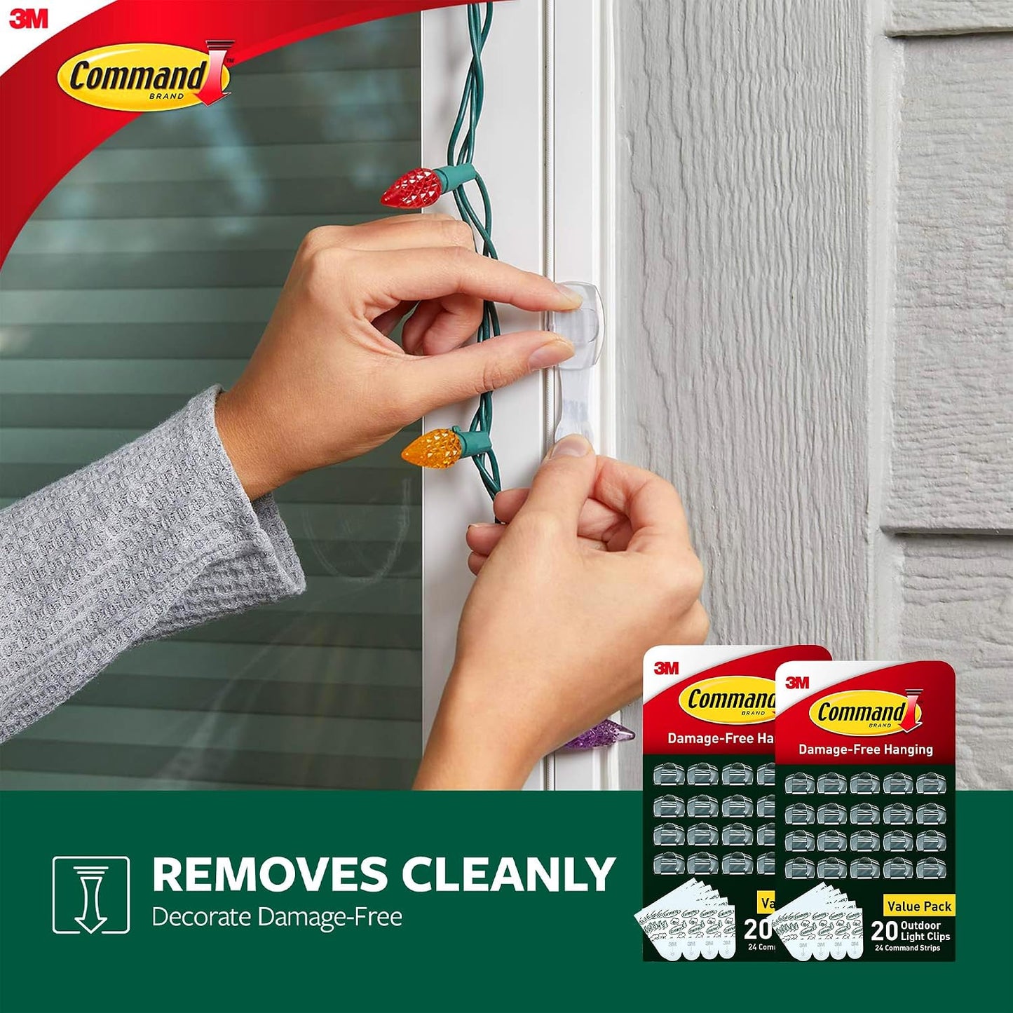 Command Outdoor Light Clips, 40 Clear and 48 Strips, Damage Free Hanging with Weather Resistant Strips, Wall Clips for Hanging Outdoor Lights and Cable Management