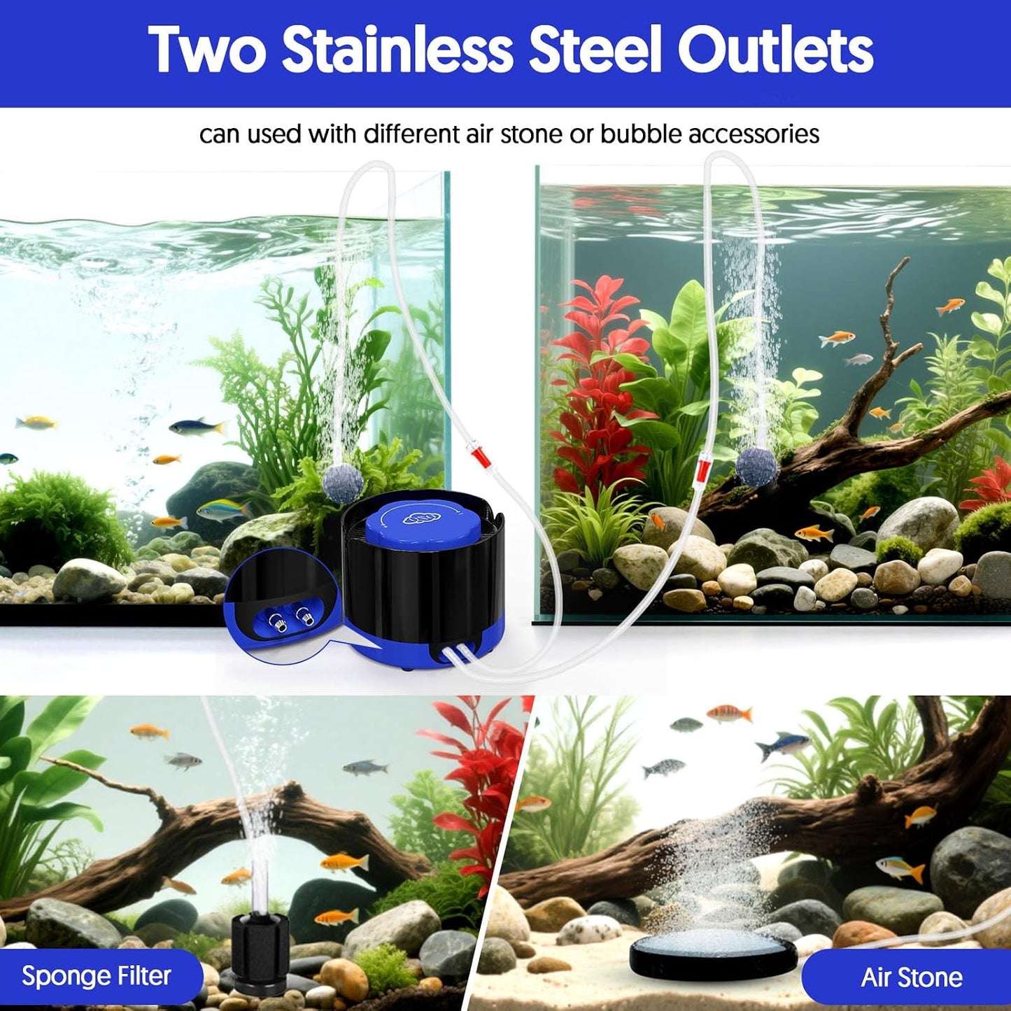 QZQ Aquarium Air Pump, Quiet Fish Tank Air Pump with Dual Outlets, 3W/5W Powerful Adjustable Oxygen Pump with Accessories, Aquarium Bubbler Aerator for Fish Tank Up to 80 Gallon (3W)
