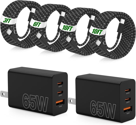 65W Super Fast Charger Type C for Samsung,3 Port 100W PD Quick Charging 3.0 USB C Block & 3/6/10/10FT Braided Type C Cord for Samsung Galaxy S26 Ultra/S26/S25 Ultra/iPhone 17 Pro/MacBook Pro/Air