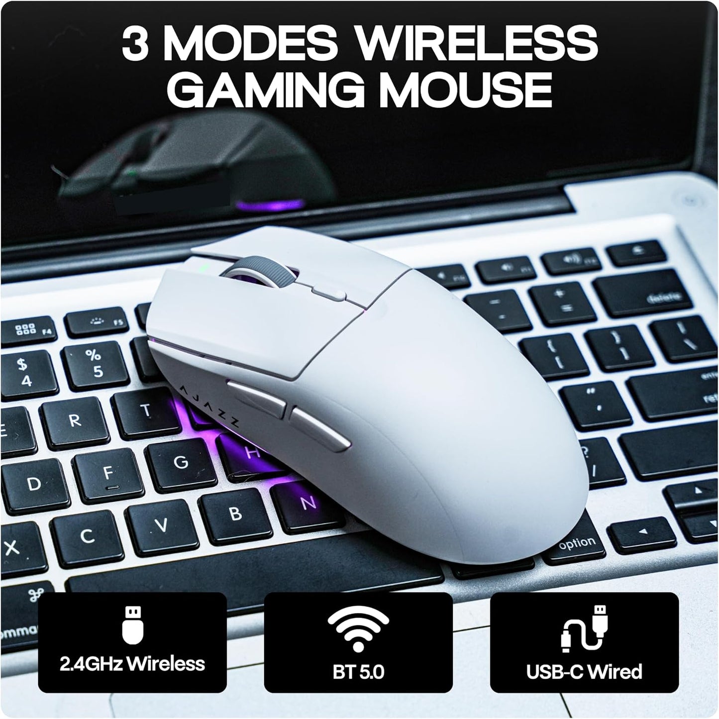 MechLands AJAZZ AJ139 V2 MC Gaming Mouse with Charging Base, Adjustable 12,000 DPI, PAW3311 Sensor, 3 Modes Wireless Mouse, 500mAh Battery, 1000 Polling Rate, 66g Lightweight, Win/Mac (White)