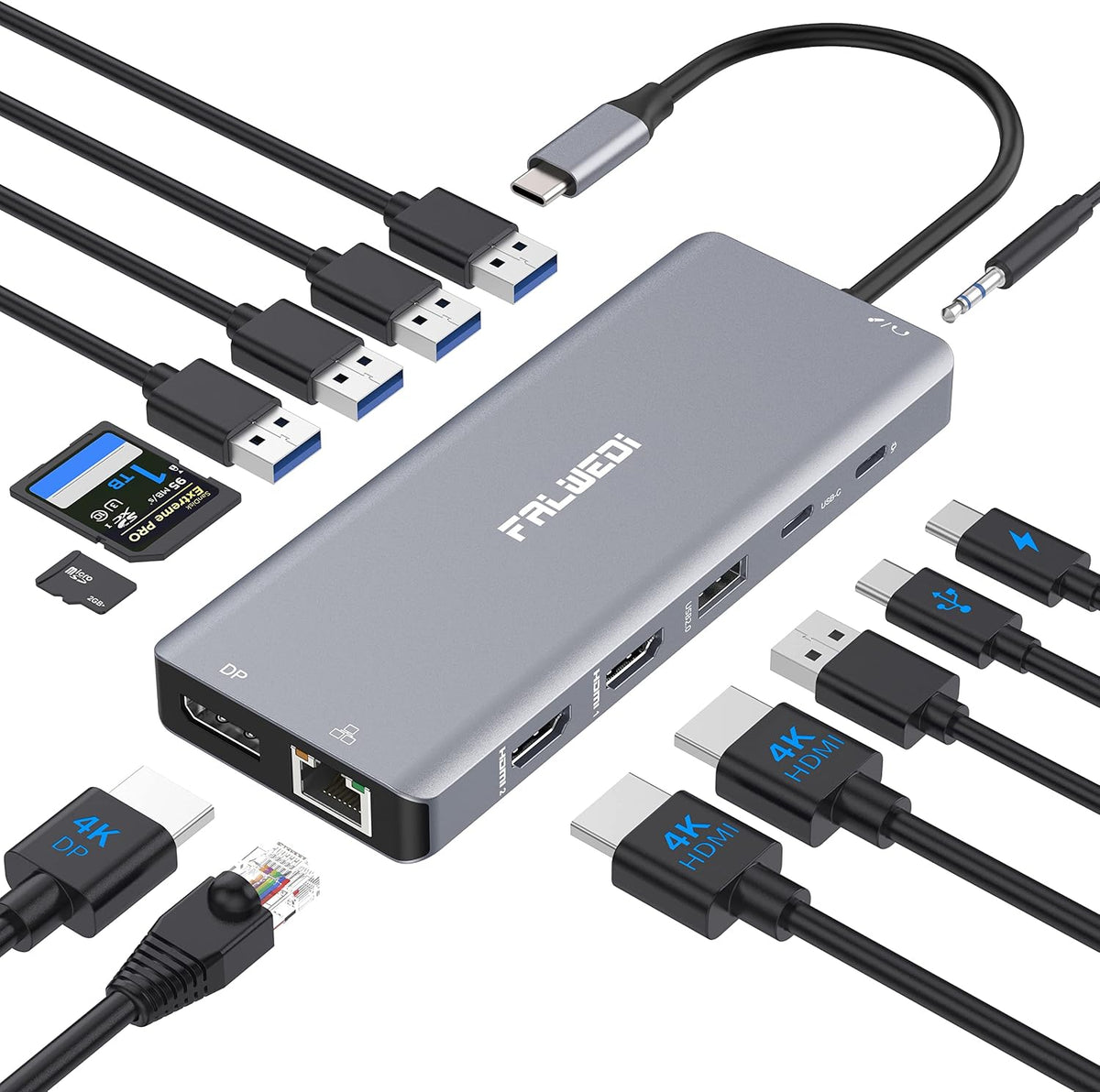 USB C Docking Station 14-in-1, Dual Monitor 2 HDMI DP PD, Ethernet, USB C/A