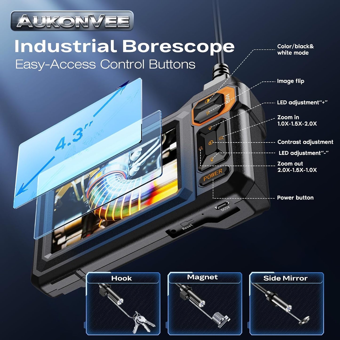 Endoscope Camera with Light, 1920P HD Borescope, 4.3" IPS Inspection Camera | AukonVee IP67 Waterproof Snake Camera with 8 LEDs, 16.5ft Semi-Rigid Cable, Great for Automotive and Pipe Repair Tools