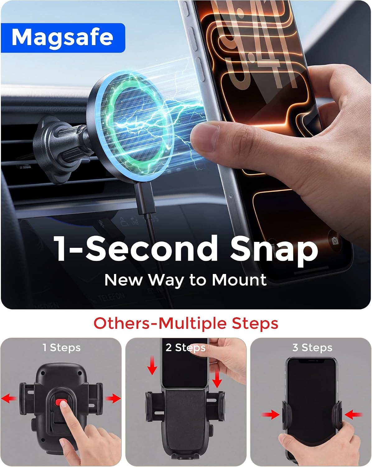 Estbuc 2-in-1 15W Magsafe Car Mount Charger, Magnetic Wireless Car Charger | 360° Dashboard & Air Vent Phone Mount, Phone Holders for Your Car, Car Accessories for Men Women for iPhone 17-12