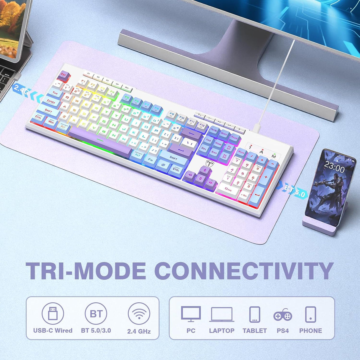 RisoPhy Wireless Gaming Keyboard, Tri-Mode BT5.0/2.4GHz/USB-C, RGB Light up Backlit Keyboards, Customizable Macro Keys, 26 Anti-ghosting Keys, 4000mAh Battery, Creamy Computer Keyboards