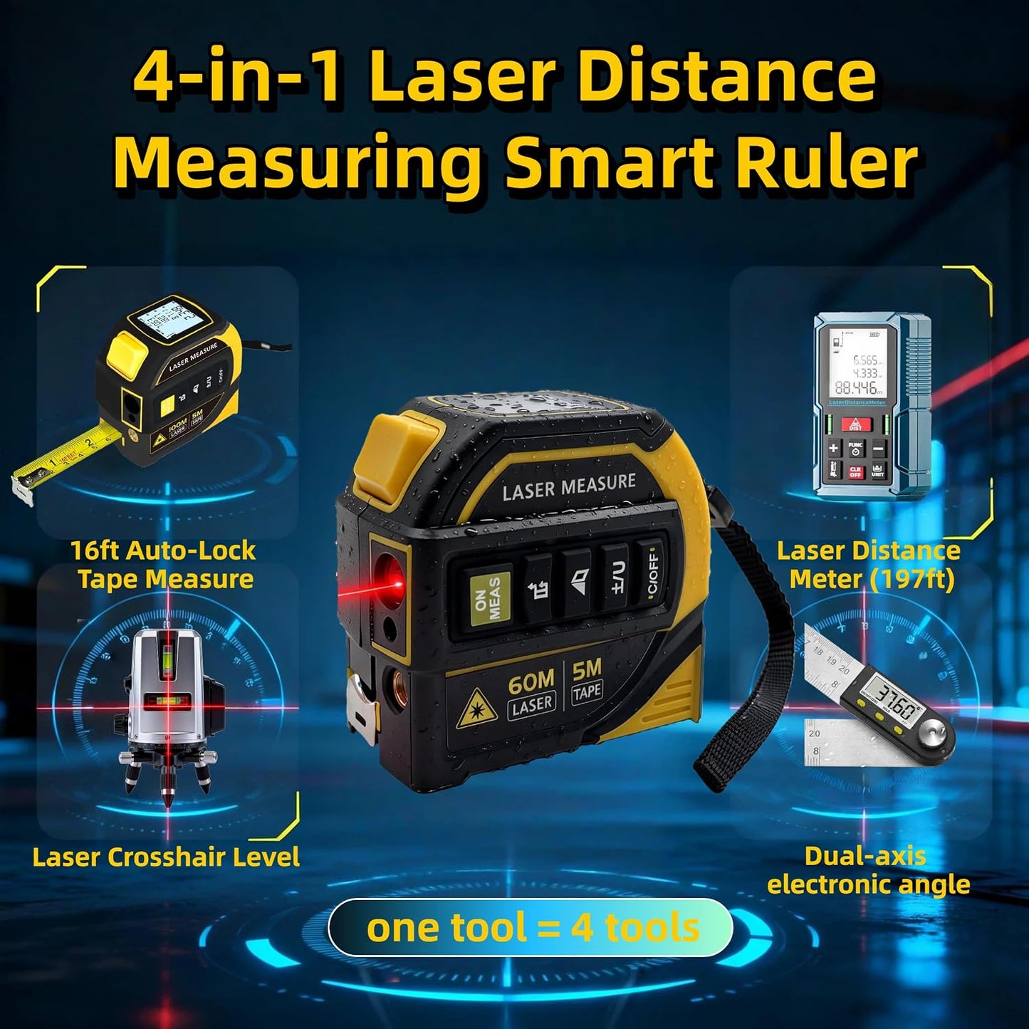 4-in-1 Laser Tape Measure with Level,16Ft Ruler,197Ft Laser | Almighty Digital Laser Distance,Heavy-Duty Tool with Crosshair,Smart Range Finder,Easy-Read Display,Rechargeable