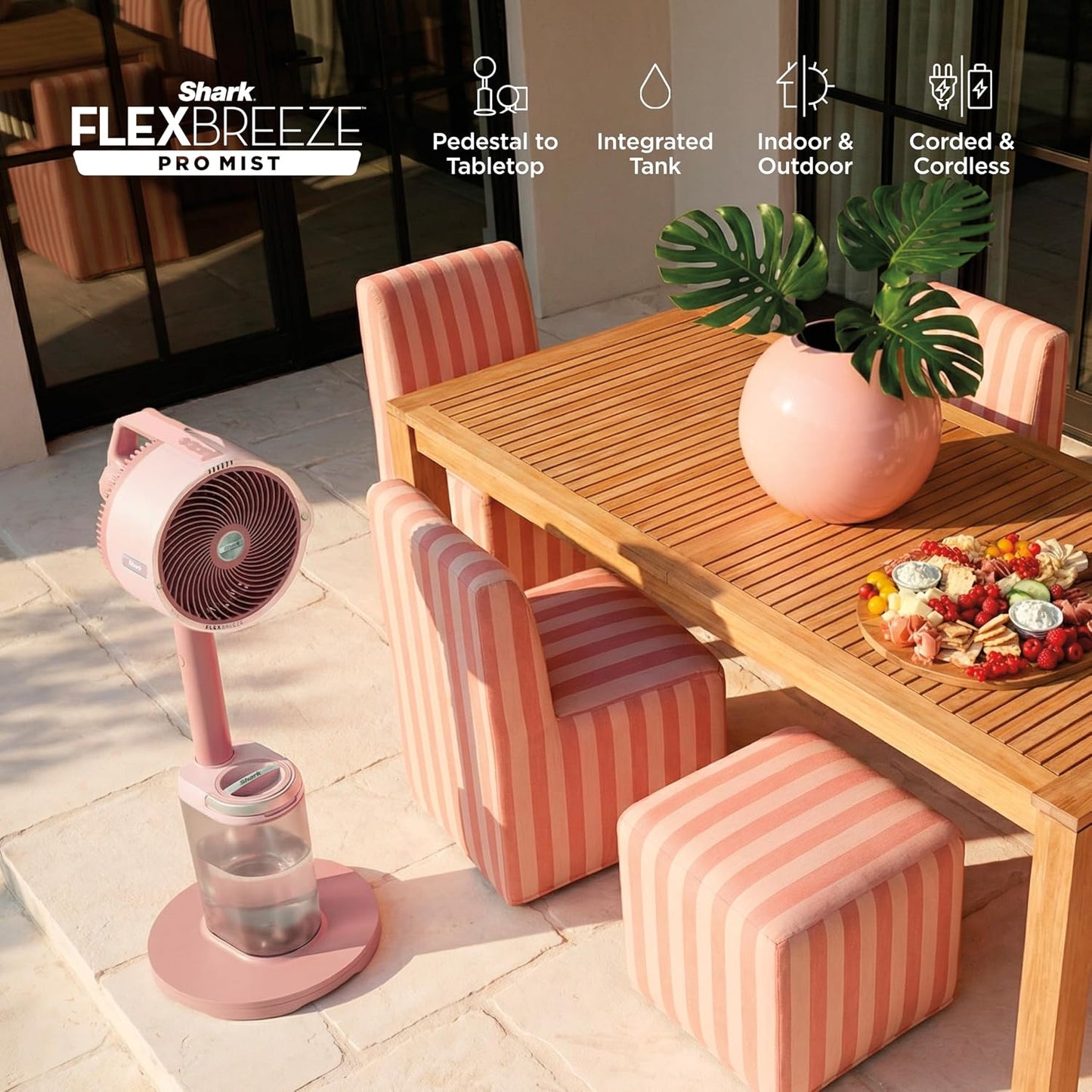 Shark FlexBreeze Pro Mist 2-in-1 Fan with Integrated Mist, Blush, FA300PK2 | Corded/Cordless, Pedestal to Tabletop, up to 24-Hr Battery, up to 70 Ft of Power, 5 Speeds, with Integrated Misting Tank