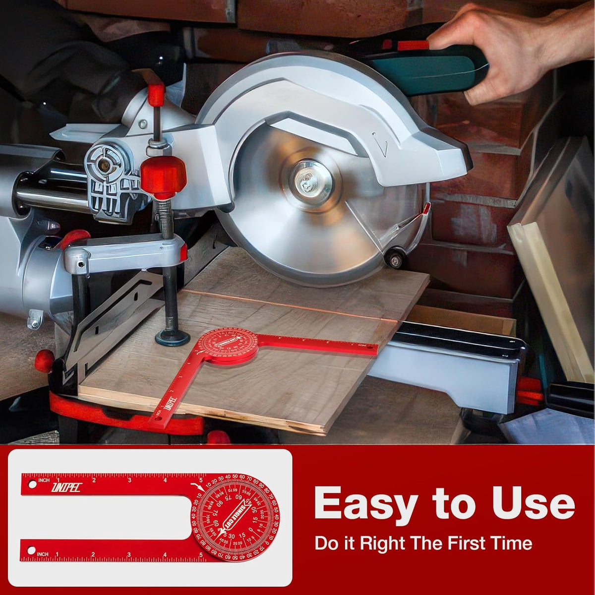 7.3 Inch Aluminum Miter Saw Protractor & Angle Finder Tool, Red | Laser-Engraved Scale, Miter Protractor, For Woodworking, Trim & Crown Molding, Baseboard & Carpentry