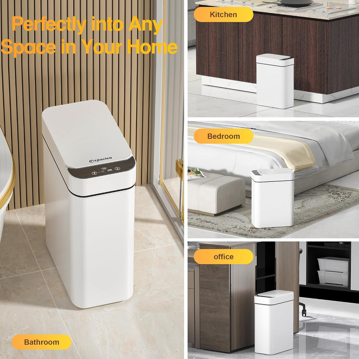 4 Gallon Bathroom Smart Touchless Trash Can for Kitchen Automatic Motion Sensor Rubbish Can with Lid Waterproof Narrow Small Garbage Bin for Kitchen, Toilet, Bedroom, RV(White,Battery)
