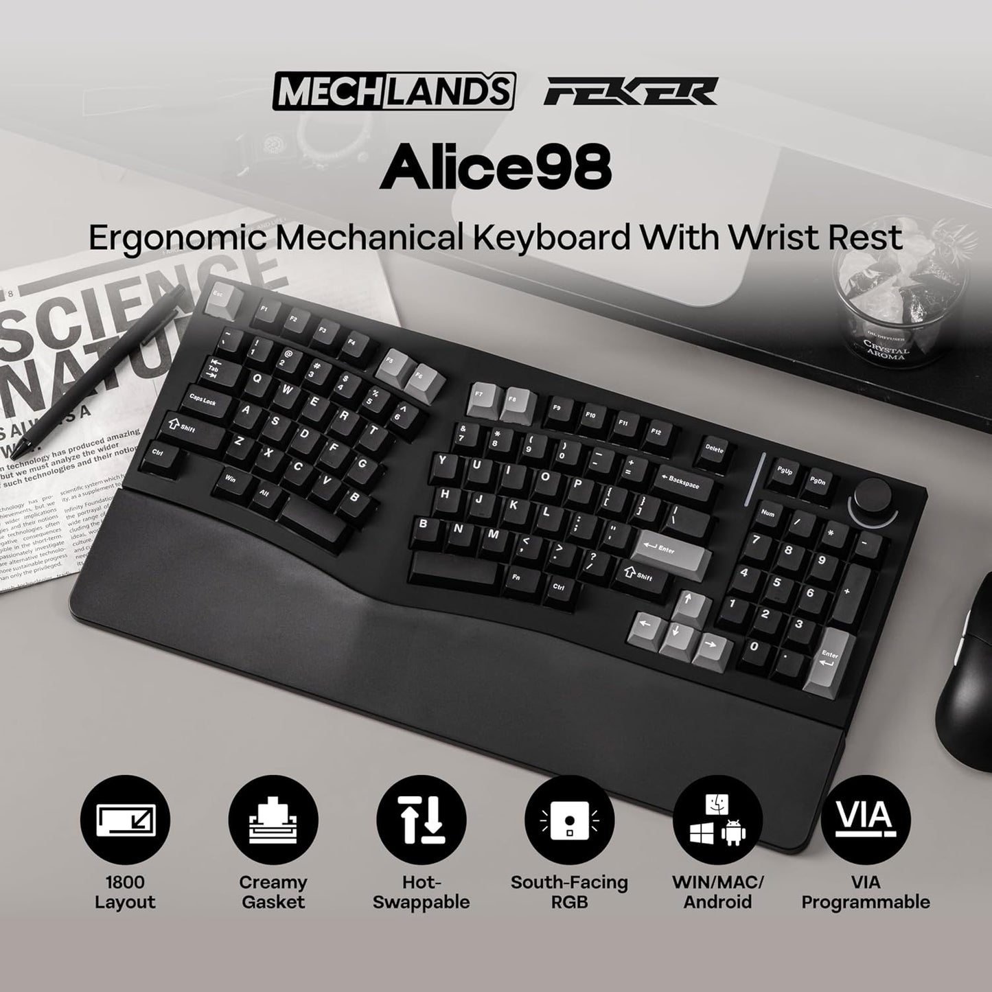 MechLands Feker Alice98 Ergonomic 98 Keys Custom Mechanical Keyboard | VIA Programmable, USB-C Wired Gaming Keyboard, Hot Swappable, 5 Layer Paddings, Control Knob, NKRO, RGB for Win/Mac (Black)