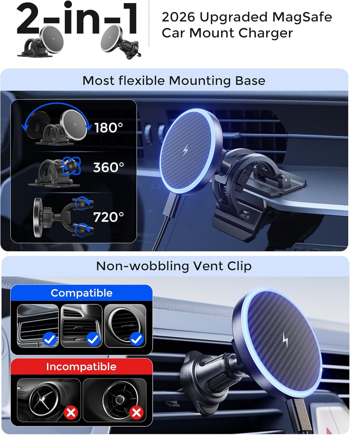 Estbuc 2-in-1 15W Magsafe Car Mount Charger, Magnetic Wireless Car Charger | 360° Dashboard & Air Vent Phone Mount, Phone Holders for Your Car, Car Accessories for Men Women for iPhone 17-12