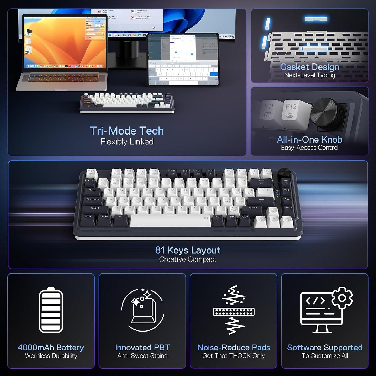 Redragon K673 PRO Wireless 81-Key RGB Gasket Gaming Keyboard, Scroll Knob | Multi-Function Control Wheel, 0-Delay Tri-Mode, Cushioned 5-Layer Noise Dampening for Creamy Thocky Sound, Compact 80% Size