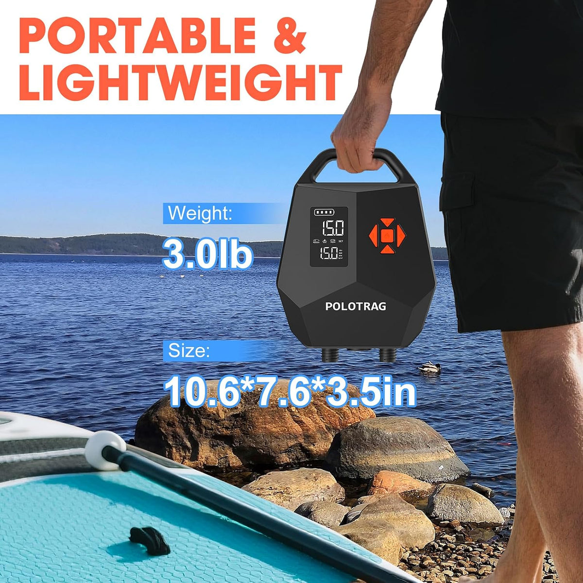 Electric Paddle Board Pump Rechargeable, 20PSI SUP Pump 12000mAh Paddleboard Pump with Inflation & Deflation, Auto-Off, Portable Air Pump for Inflatables, Kayak and Air Mattress