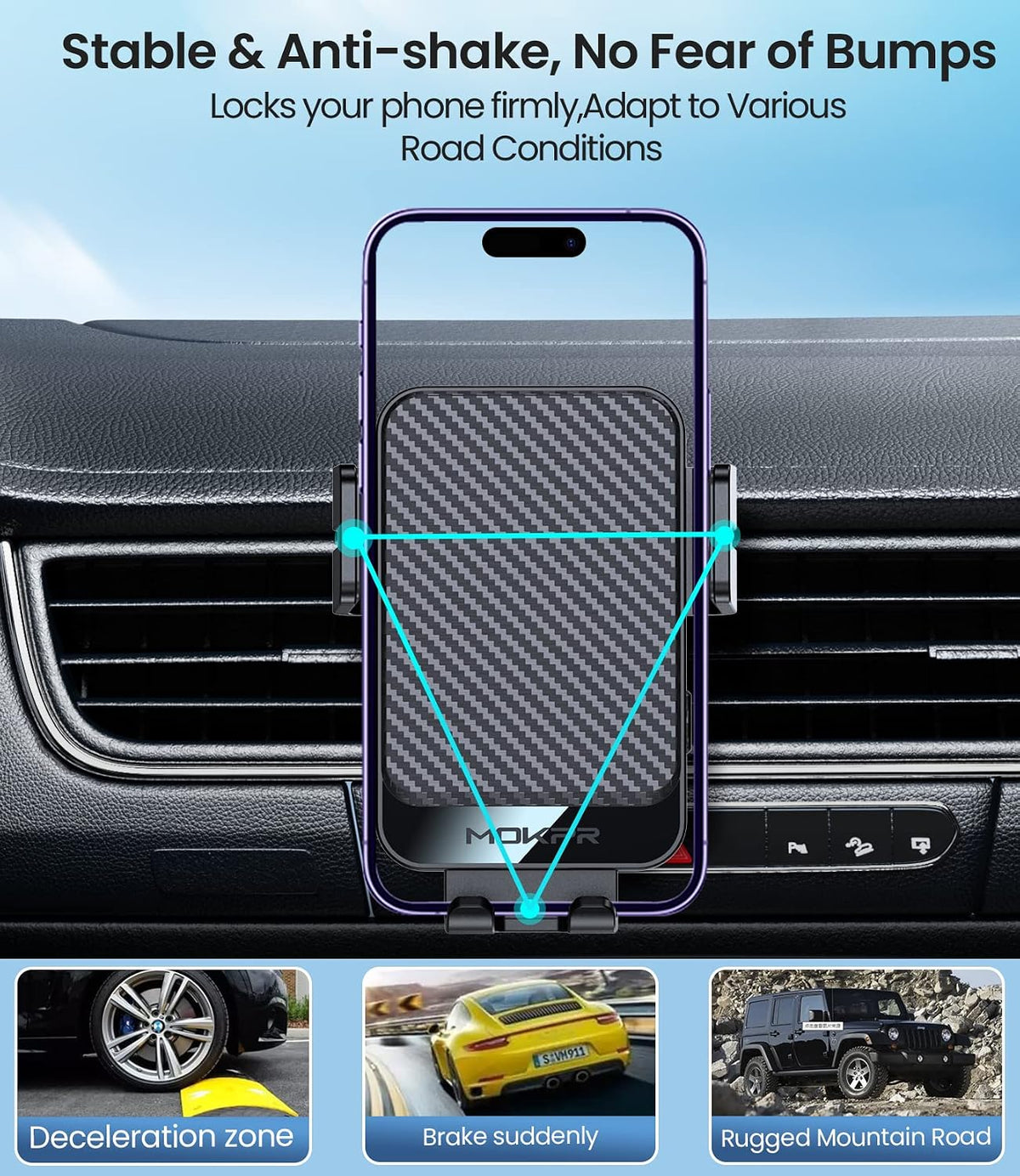 Wireless Car Charger 15W Fast Charging Dash Windshield Vent Car Mount | Auto-Clamping Universal Hands-Free Car Charger Compatible with iPhone 17/16 15/14/13/12, Samsung S24 S23/S22/S21,etc