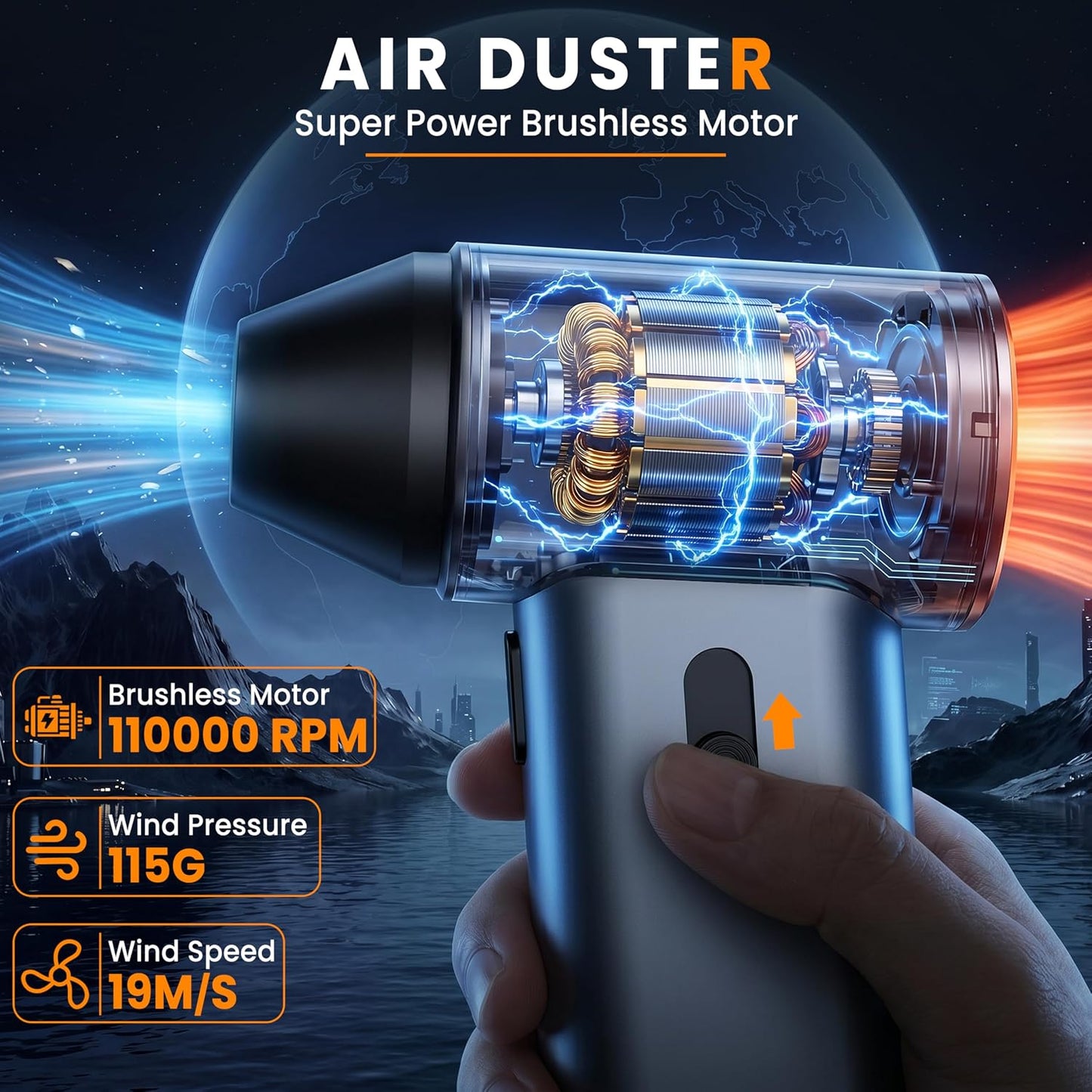 Compressed Air Duster,110,000RPM Super Power 6-Speed Adjustable Rechargeable Cordless Electric Air Duster,Mini Air Blower for PC Keyboard Car Home Cleaning