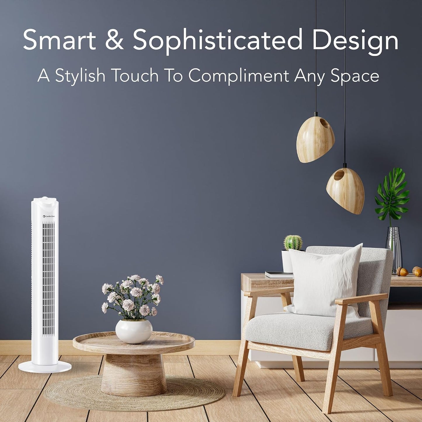 Comfort Zone 32-Inch Oscillating Tower Fan – Ultra-Slim Bladeless Design with 3 Speeds, 90° Wide Oscillation & Built-in Carry Handle – Quiet Portable Standing Fan for Bedroom, Home, or Office, White
