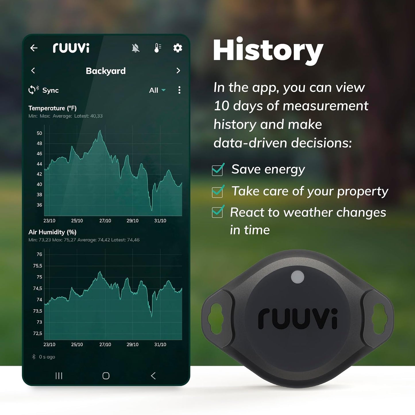 RuuviTag Pro 3in1 Wireless Bluetooth Temperature (°C/°F), Air Humidity and Motion Sensor. Alerts &amp; History. Free Android/iOS apps. Integrates with Victron, Homey, and Home Assistant. Made in Europe.