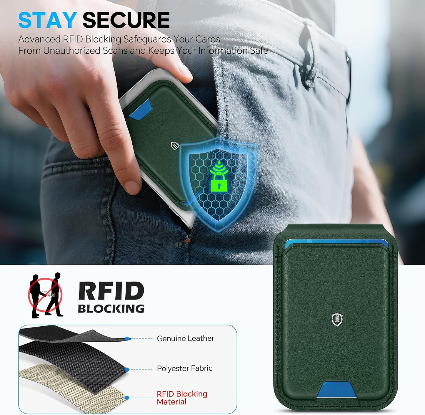 SHIELDON Genuine Leather Magnetic Wallet Stand for MagSafe, Evergreen | Strong Magnetic, 6 Card Holders, Kickstand, Rfid Blocking, Quick-access, ID Window, for iPhone 17/16/15/14/13/12 Series