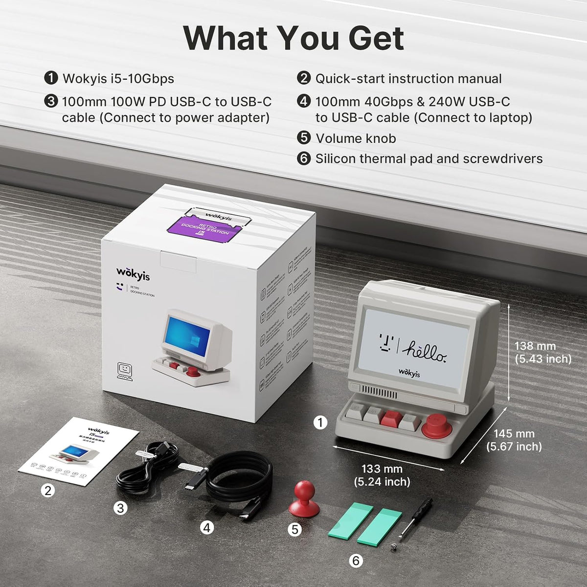 i5 Retro PC-Style Docking Station, 5" HD Screen, 10Gbps M.2 NVMe SSD Enclosure, 65W Host Charge for Laptop/MacBook, Mechanical Hotkeys, HDMI-in, Micro/SD 4.0,