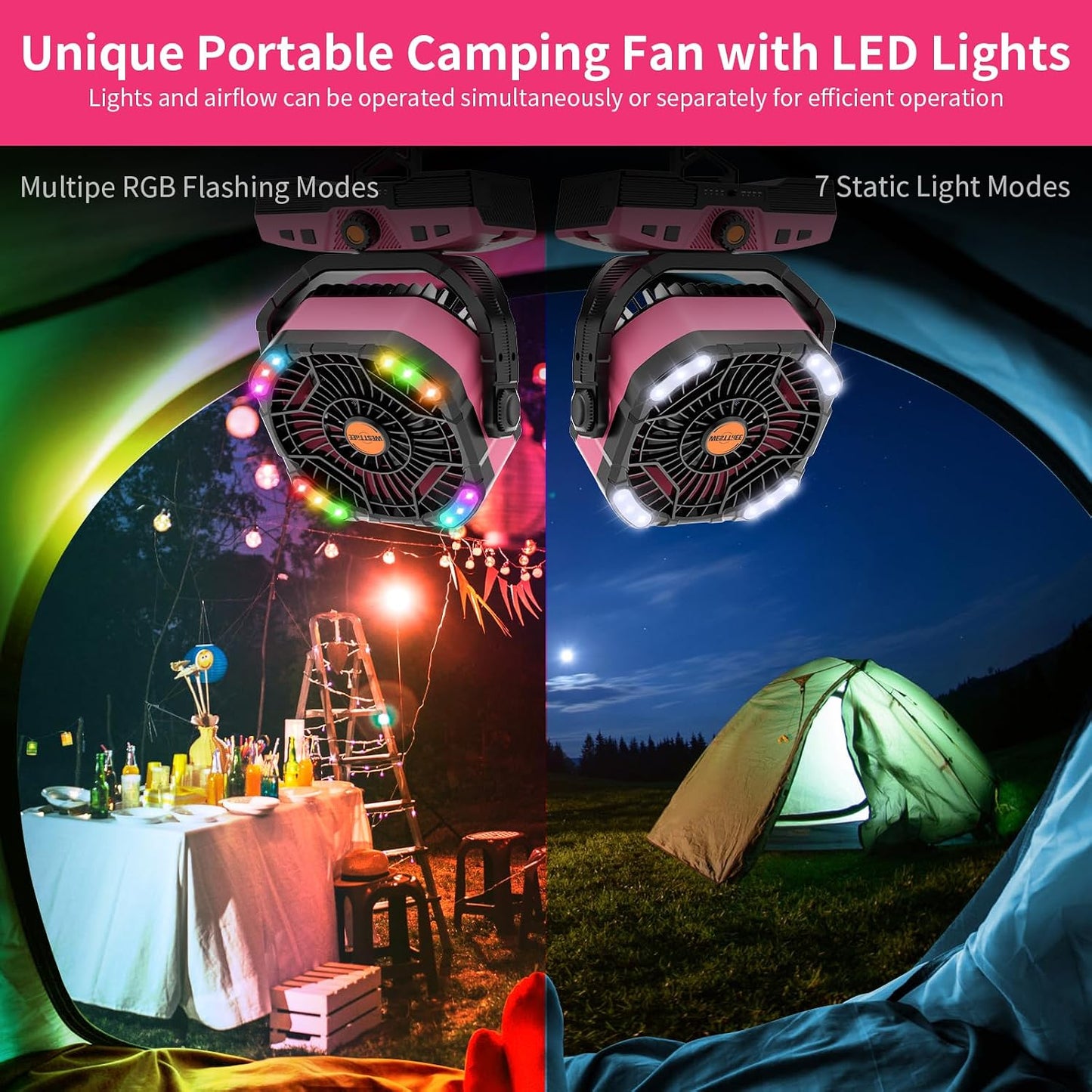 WESTTREE Camping Fan Oscillating Portable Fan 20000mAh Battery Powered Fans Rechargeable Camping Tent essentials Light Hook 270° Pivot USB Desk Outdoor Battery Operated X68 Pink