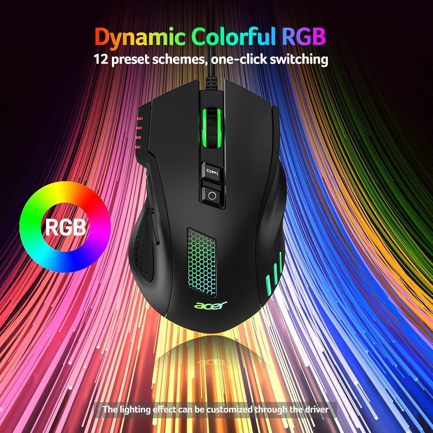 Acer Wired Gaming Mouse, 12,800 DPI RGB Ergonomic Computer Mouse for PC | Optical Sensor, 12 Backlit Modes, 8 Programmable Buttons, Software for DIY Keybinds, Rapid Fire, USB Mouse for Laptop