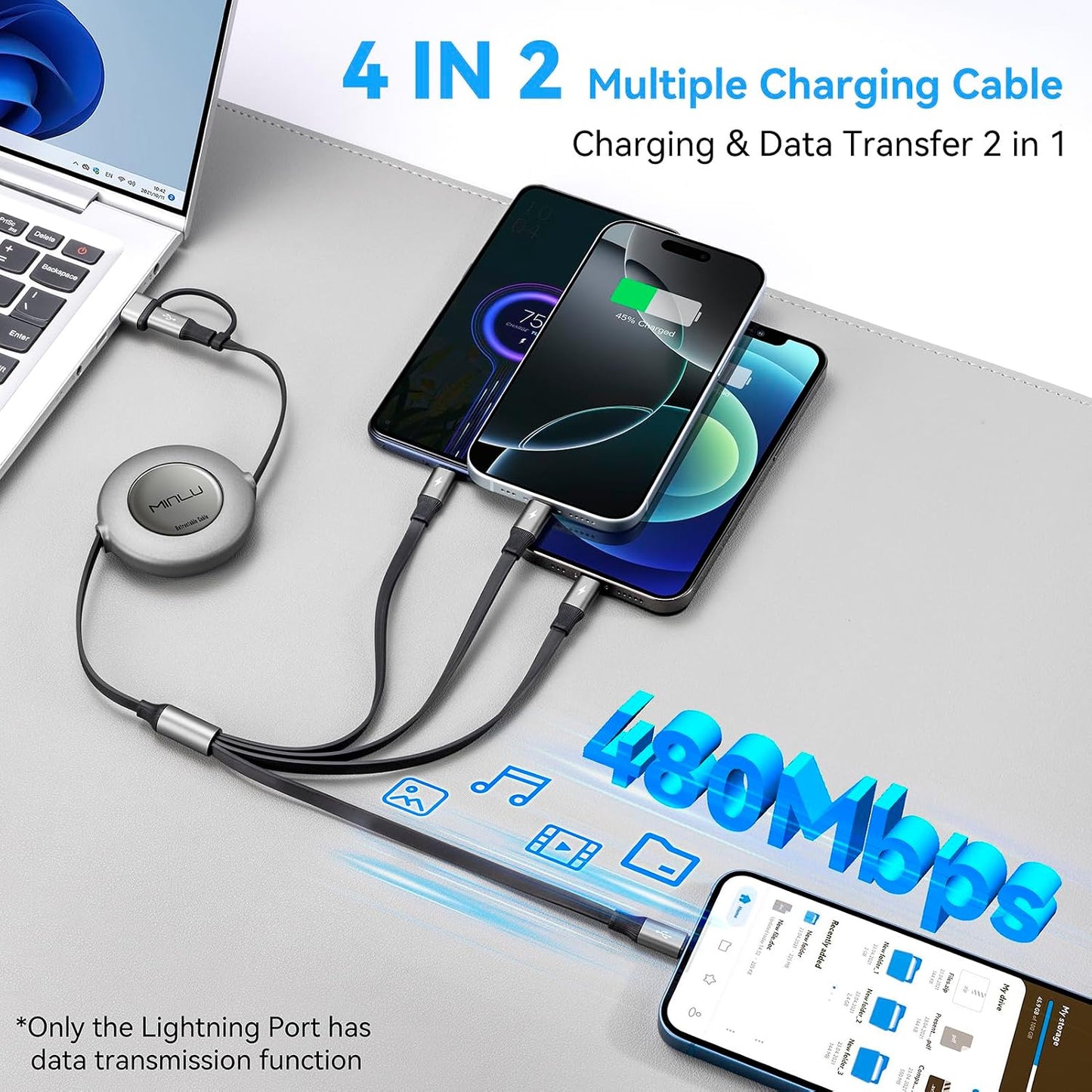 4 in 2 Multi Charging Cable 4A,Retractable USBA/C Universal Charger Cords | Multiple Charging Cord, USBA/C to Type C/L/Micro USB Ports Universal Car Charger for iPhone 17-8/Samsung/Tablets/PS-2Pack 4Ft