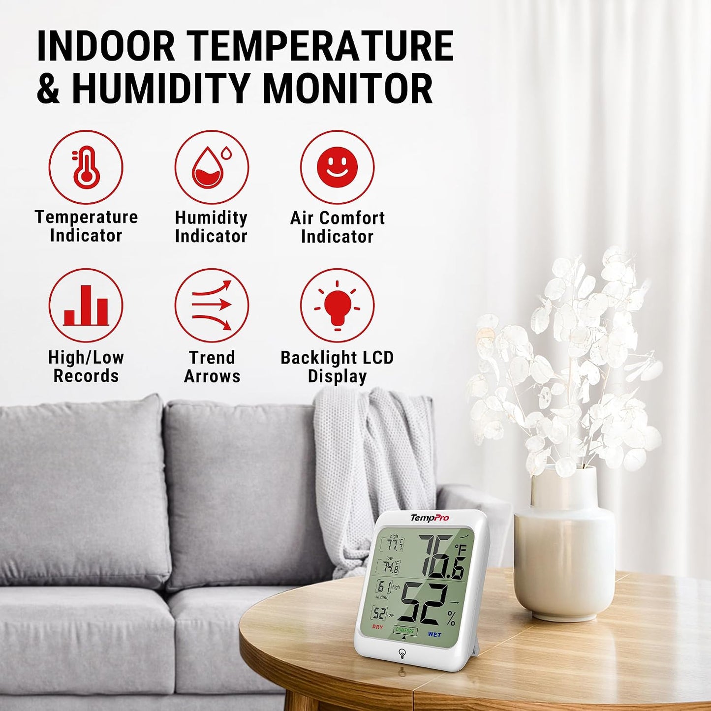 TempPro TP53 2 Pack Digital Hygrometer Indoor Thermometer for Home, Temperature Humidity Meter with Comfort Indicator & Max Min Records, Backlit Display Room Thermometer (Previously ThermoPro)