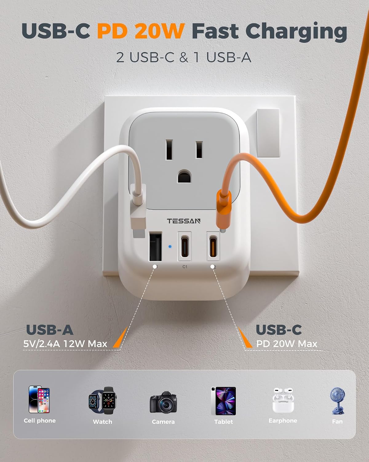 TESSAN UK Travel Adapters PD 20W, 2 Pack Type G | 4 Outlets 3 USB (2 USB-C), US to UK Ireland London Scotland England, Kenya Dubai Singapore Hong Kong