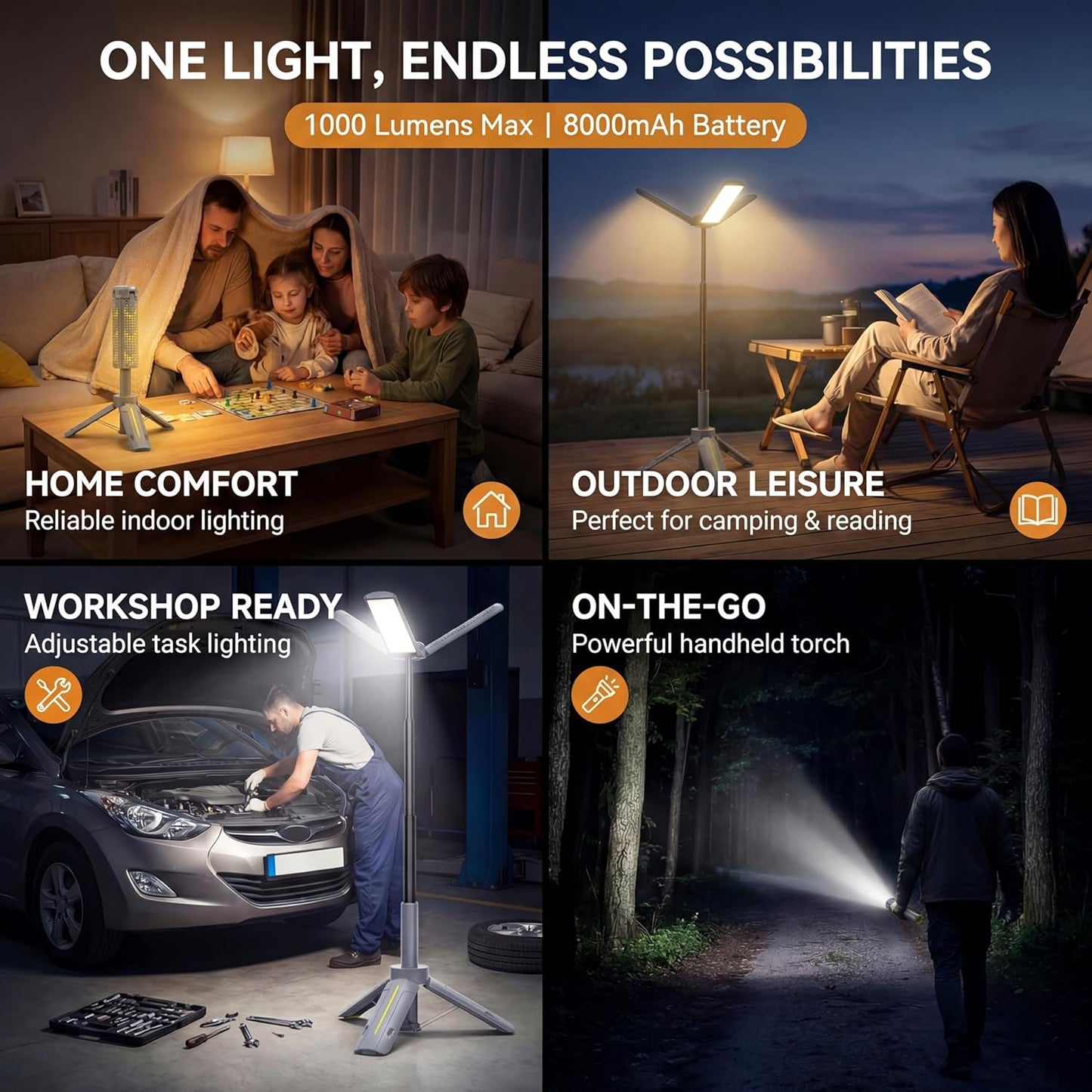 Telescopic Tripod Camping Light, 40" Adjustable Height, 20H Runtime &1000LM | Outdoor Lamp for Camping Emergency Power Outage Survival Gear - Grey