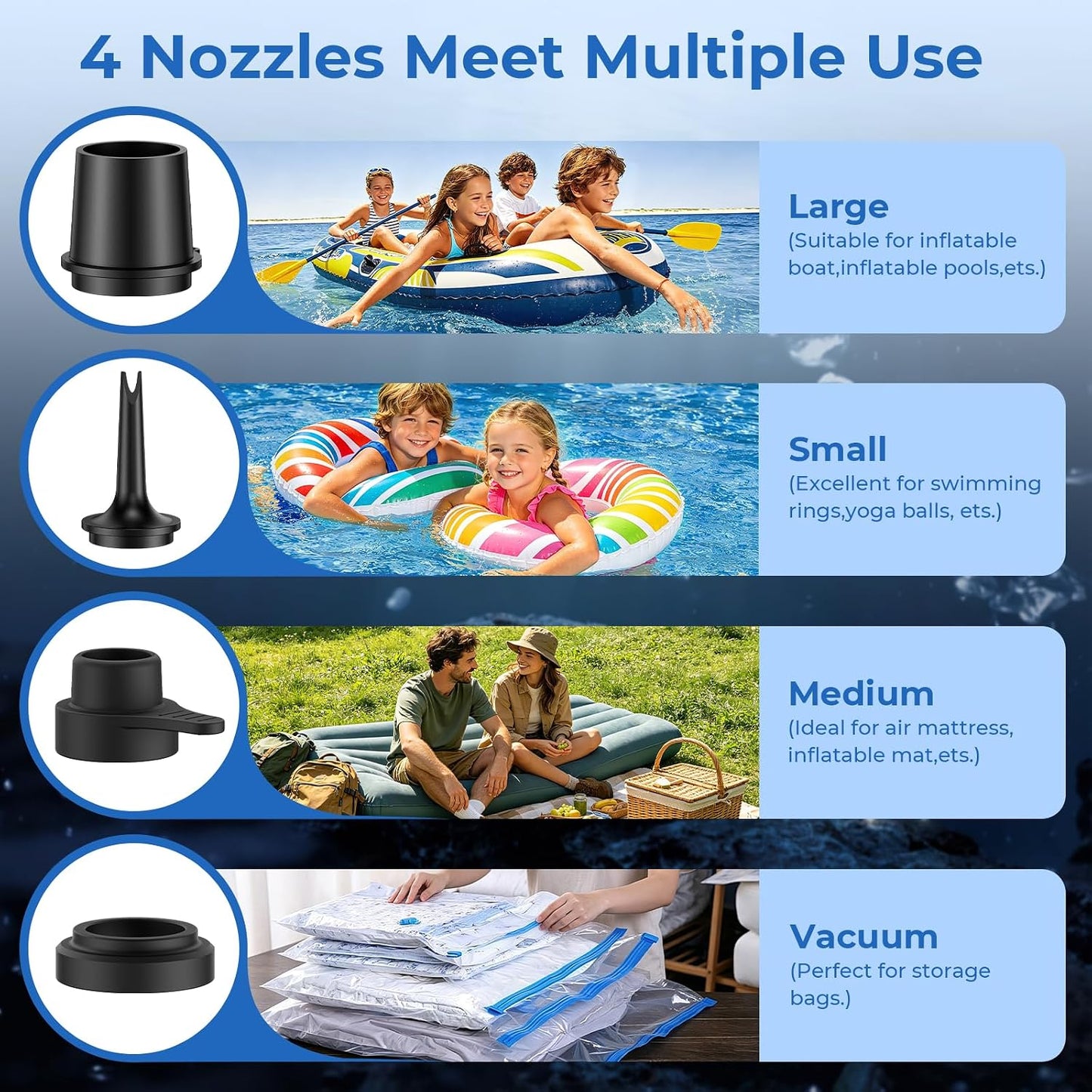 Portable Air Pump for Inflatables, Air Mattress Pump 6000mAh Rechargeable,2026 Upgraded Metal Blades,4 Air Nozzles,Inflate Deflate for Camping Gear Pool Floats Air Bed