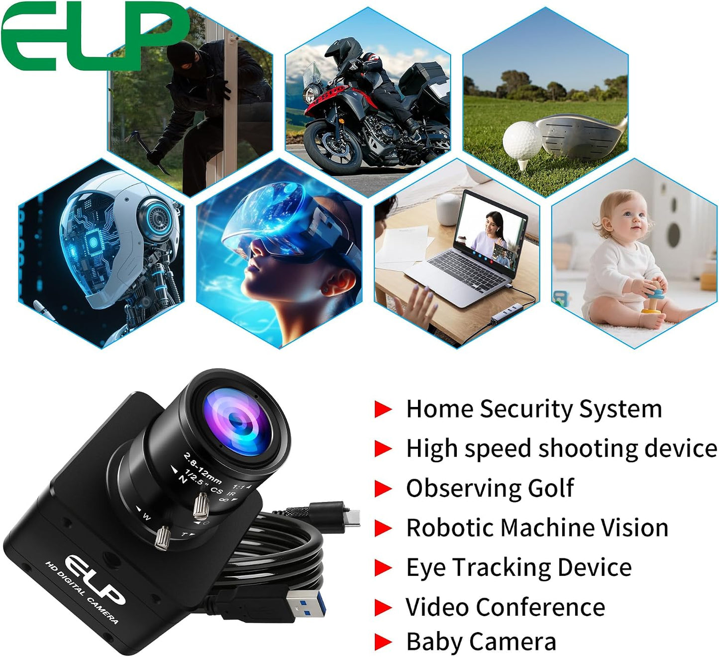 ELP High Speed Global Shutter USB3.0 Zoom Camera, 720P/200fps, 1200P/120fps, USB3.0/2.0 Manual Focus Lightburn Cameras for Windows, Linux, Mac, Pi, Fast Frame 2.8-12mm 4X Zoom AR0234 Webcam for PC