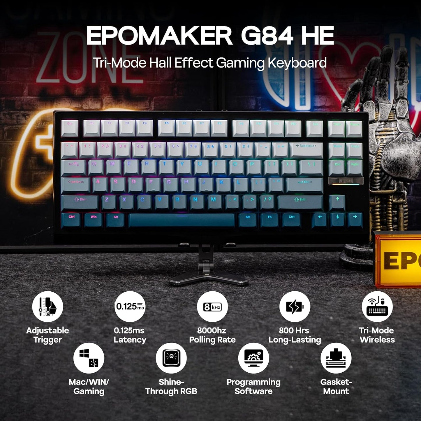 EPOMAKER G84 HE Wireless Hall Effect Keyboard, 8K Polling & 8000mAh, SOCD & DKS, Gaming Keyboard with Fast Trigger & Adjustable Actuation, RGB Backlit, PBT Keycap, Hot-Swap, for Win/Mac (Black)