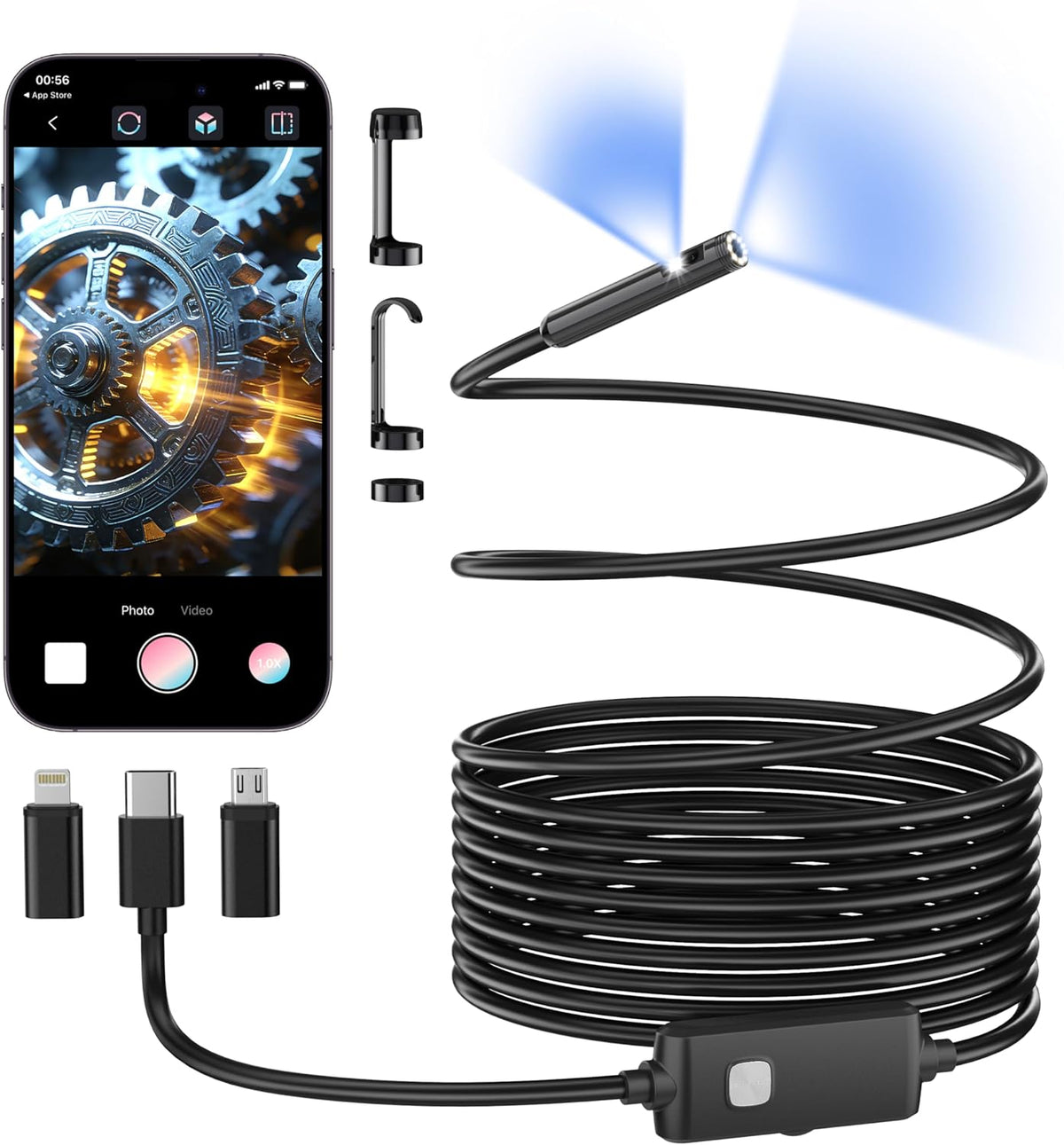 Dual-Lens Endoscope Camera with Light, 1920P HD Borescope Inspection Camera | IP67 Waterproof Endoscope with 8+1 Adjustable LED Lights and 16.4FT Semi-Rigid Snake Cable for iOS and Android