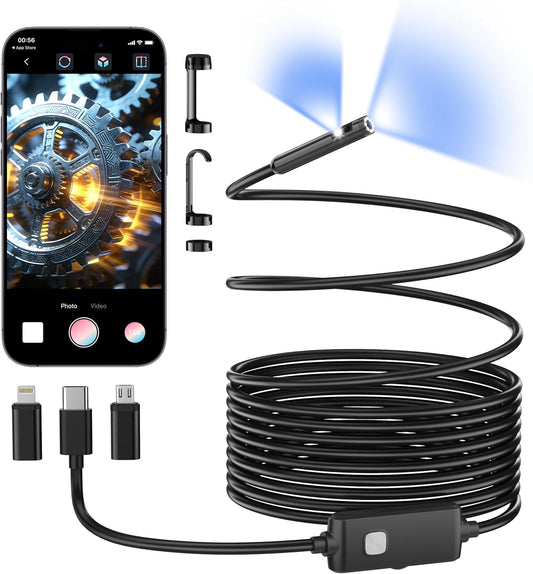 Dual-Lens Endoscope Camera with Light, 1920P HD Borescope Inspection Camera | IP67 Waterproof Endoscope with 8+1 Adjustable LED Lights and 16.4FT Semi-Rigid Snake Cable for iOS and Android