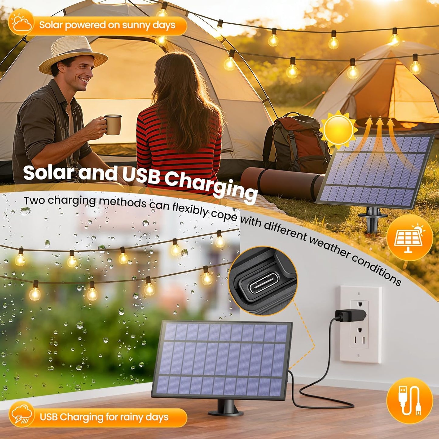 25FT Solar Powered String Lights with 10+1 LED G40 Bulbs, Black | IP65 Waterproof, Solar and USB Dual Charging, Auto On/Off, Shatterproof, Energy-saving, Patio Lights Balcony Backyard Decor