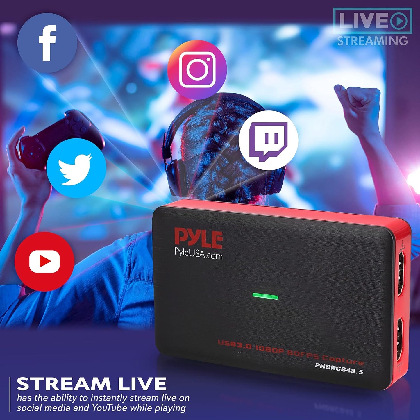 PyleUsa Capture Card Device, 4K HDMI Video Capture Card, 1080P 60FPS, HDMI to USB 3.0 Capture Card for Live Streaming Work with Camera, USB, SD, PC, DVD, Xbox One, Xbox 360, PS4, PS3 and Wii-PHDRCB48