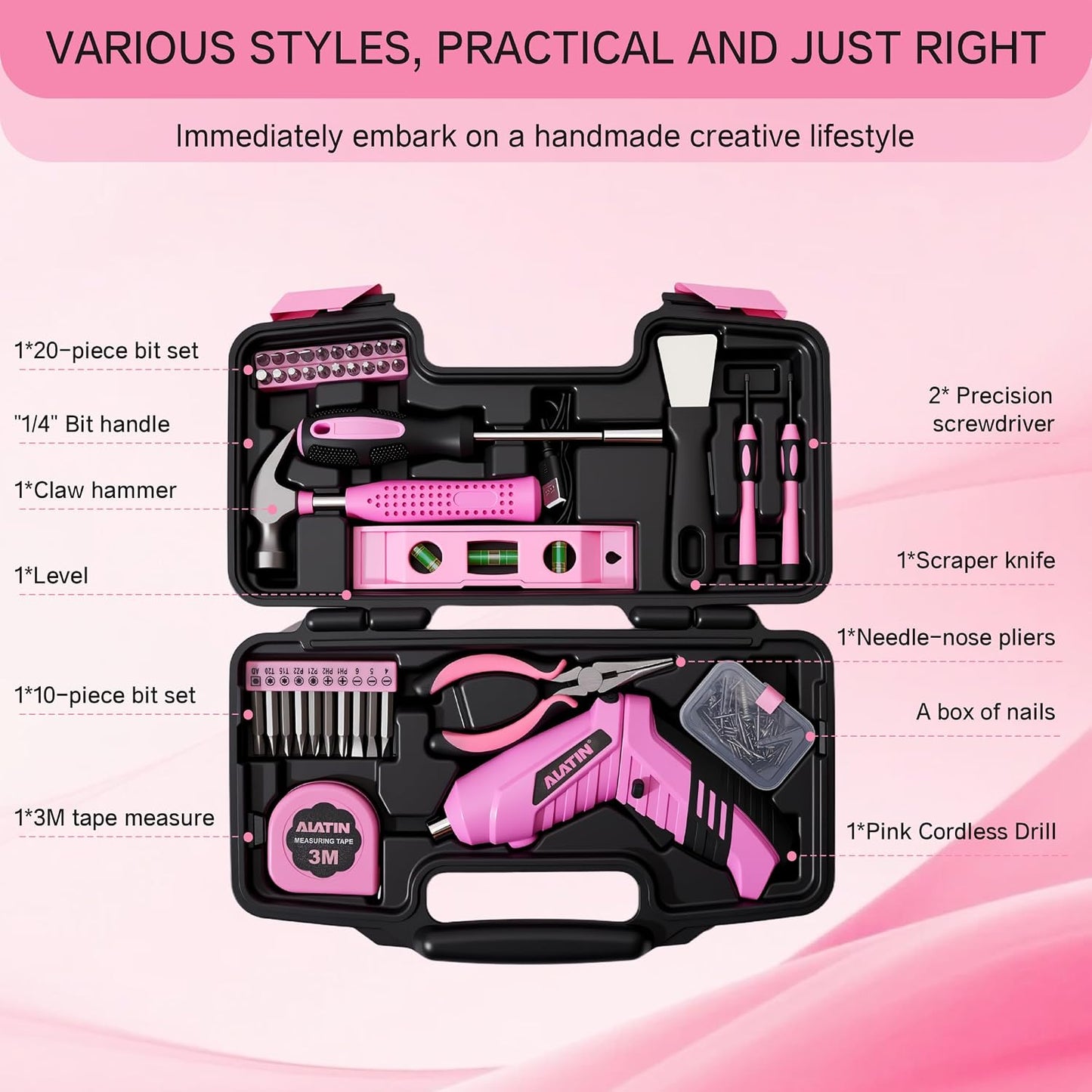 Pink Cordless Screwdriver Tool Set, 40-Piece Household Hand Tool Kit | With 3.7V Rechargeable Electric Screwdriver, Hammer, Pliers, Nails for Home Maintenance DIY Beginners