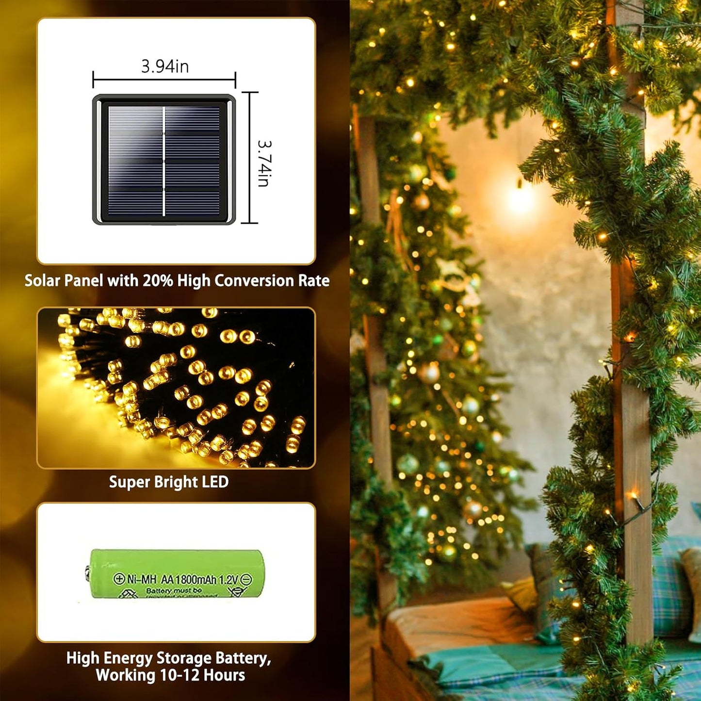 Solar String Lights Outdoor 2 Pack 170FT 480 LED Christmas Light Warm White | IP65 Waterproof, 8 Modes with Memory, Auto On/Off, 1800mAh Battery, up to 12Hr Runtime, Twinkle Lights for Tree Garden Yard