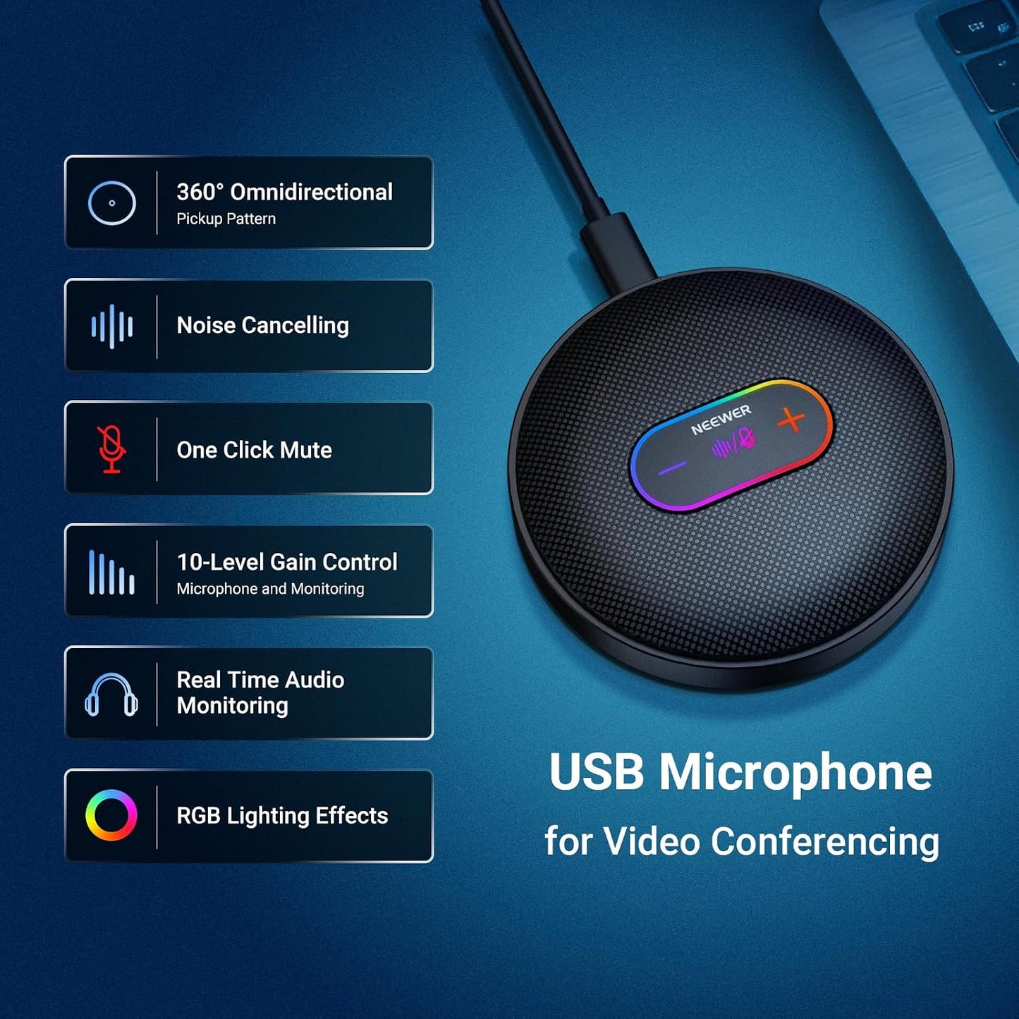 NEEWER UM04 USB Microphone, AI Cancelling Desktop Omnidirectional Condenser Mic with 48KHz/24Bit Mute for Online Meeting Recording Skype Teaching Windows Computer Laptop PC Mac Phone (Not Speaker)