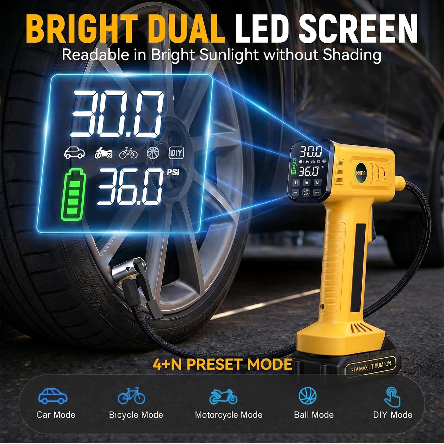 Tire Inflator Portable Air Compressor, Cordless Tire Inflator & DC | Fast Inflation, Rechargeable Battery, Auto Shut-Off, Digital Pressure Gauge, Air Pump for Car, SUV, Motorcycle, Bike, Ball