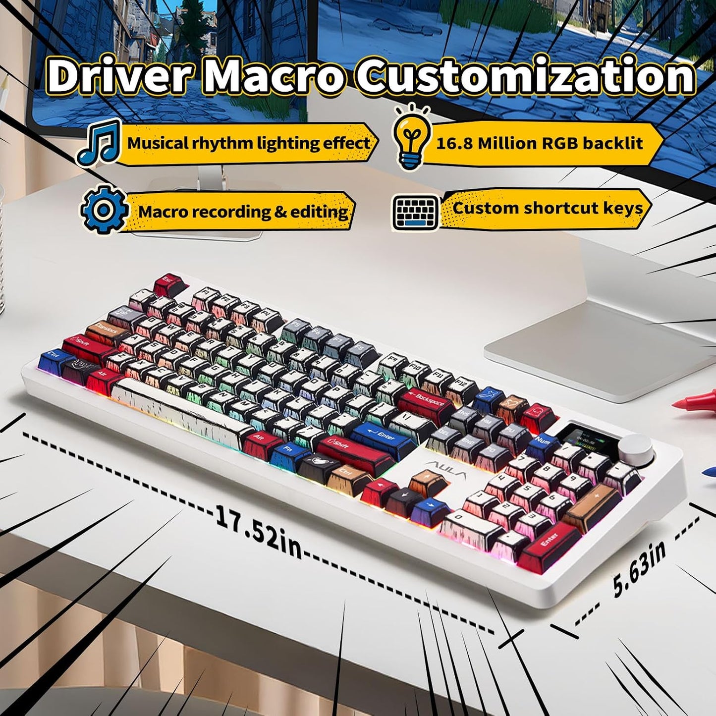 AULA Wireless Mechanical Gaming Keyboard Full Size 8000mAh with Knob&Screen | Hot Swappable Custom,RGB Backlit,Creamy Pre-lubed Blaze Switches,PBT Keycaps,Tri-Mode BT/2.4GHz/USB-C,F106Pro Comic Mix Color